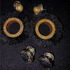 Two Pair of  Earrings Black Sparkly Studs & Feathery Black & Gold Hoops